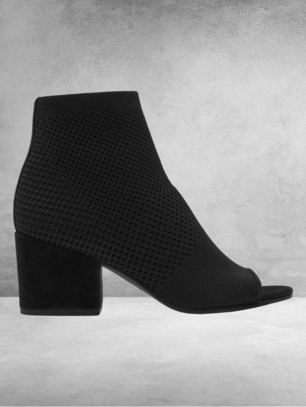 Eileen Fisher Black Croft Stretch Knit Open-Toe Block Suede Heel Bootie Size 8